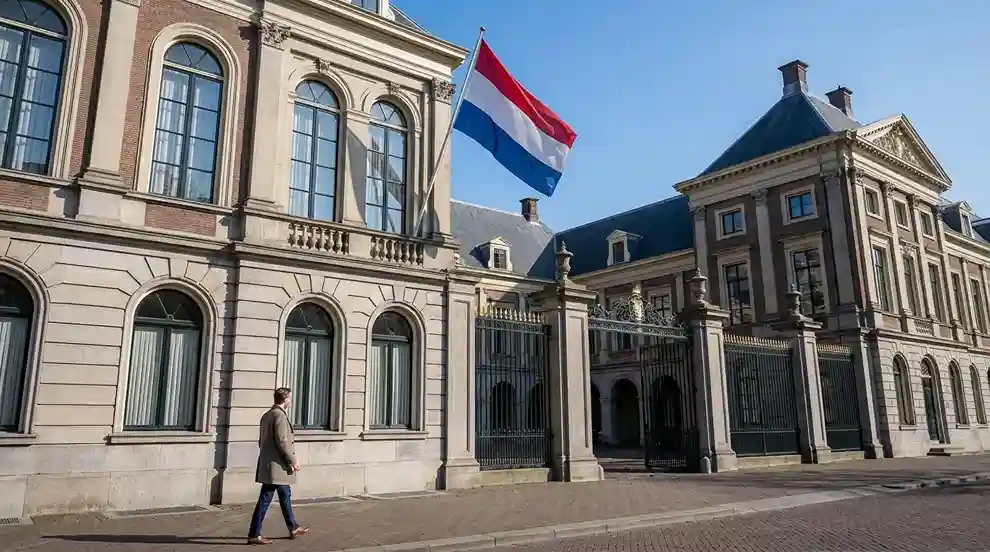 Officieel gebouw met Nederlandse vlag en een open poort die toegang symboliseert