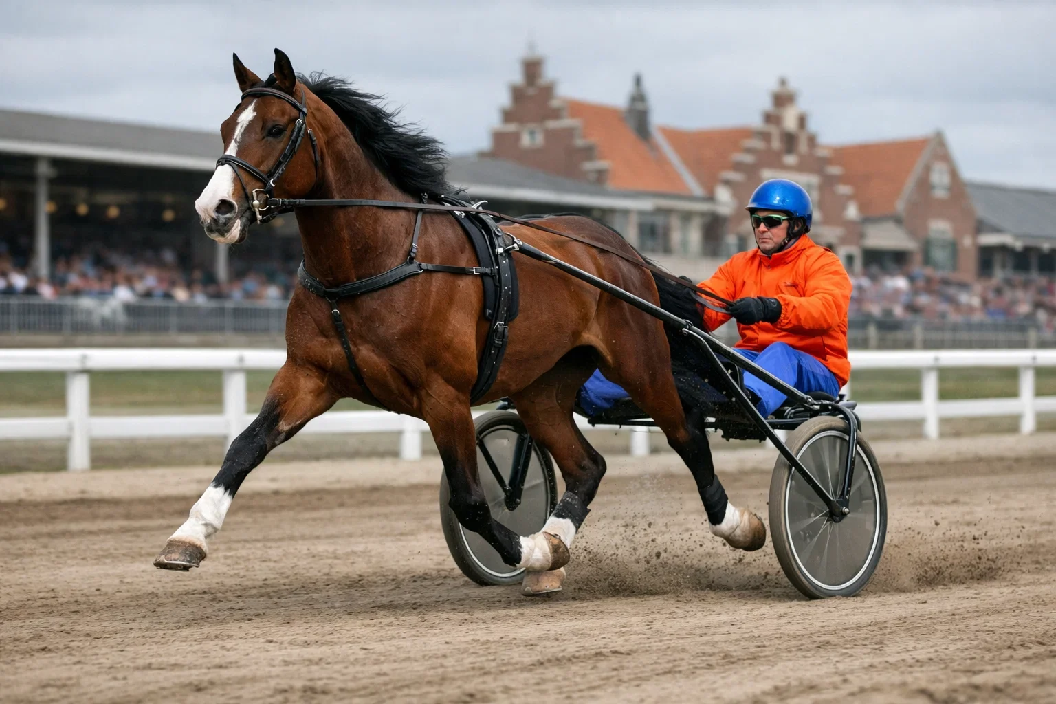 Drafpaard met sulky en pikeur tijdens race op Nederlandse drafbaan