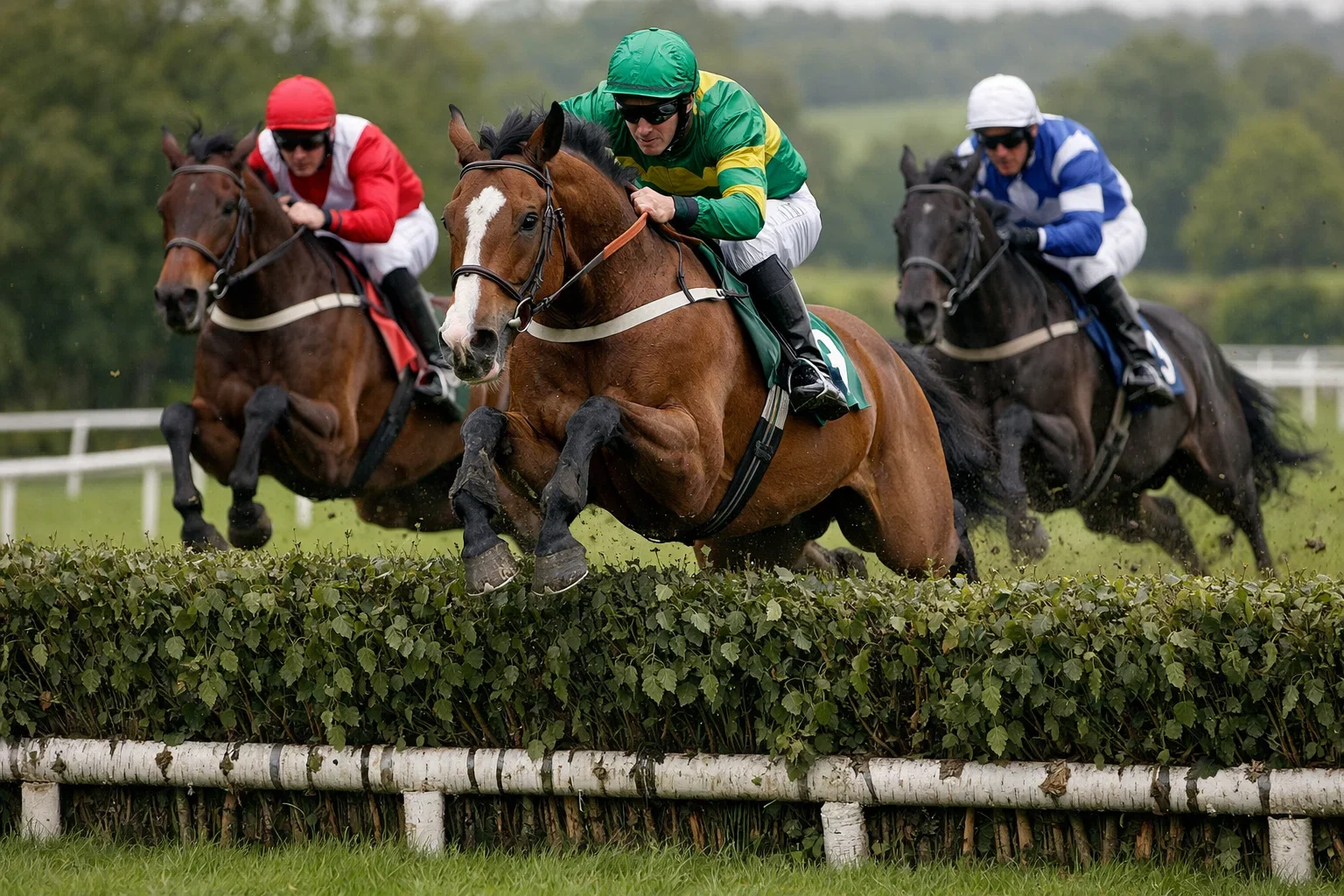 Groep paarden springt over hindernis tijdens steeplechase race