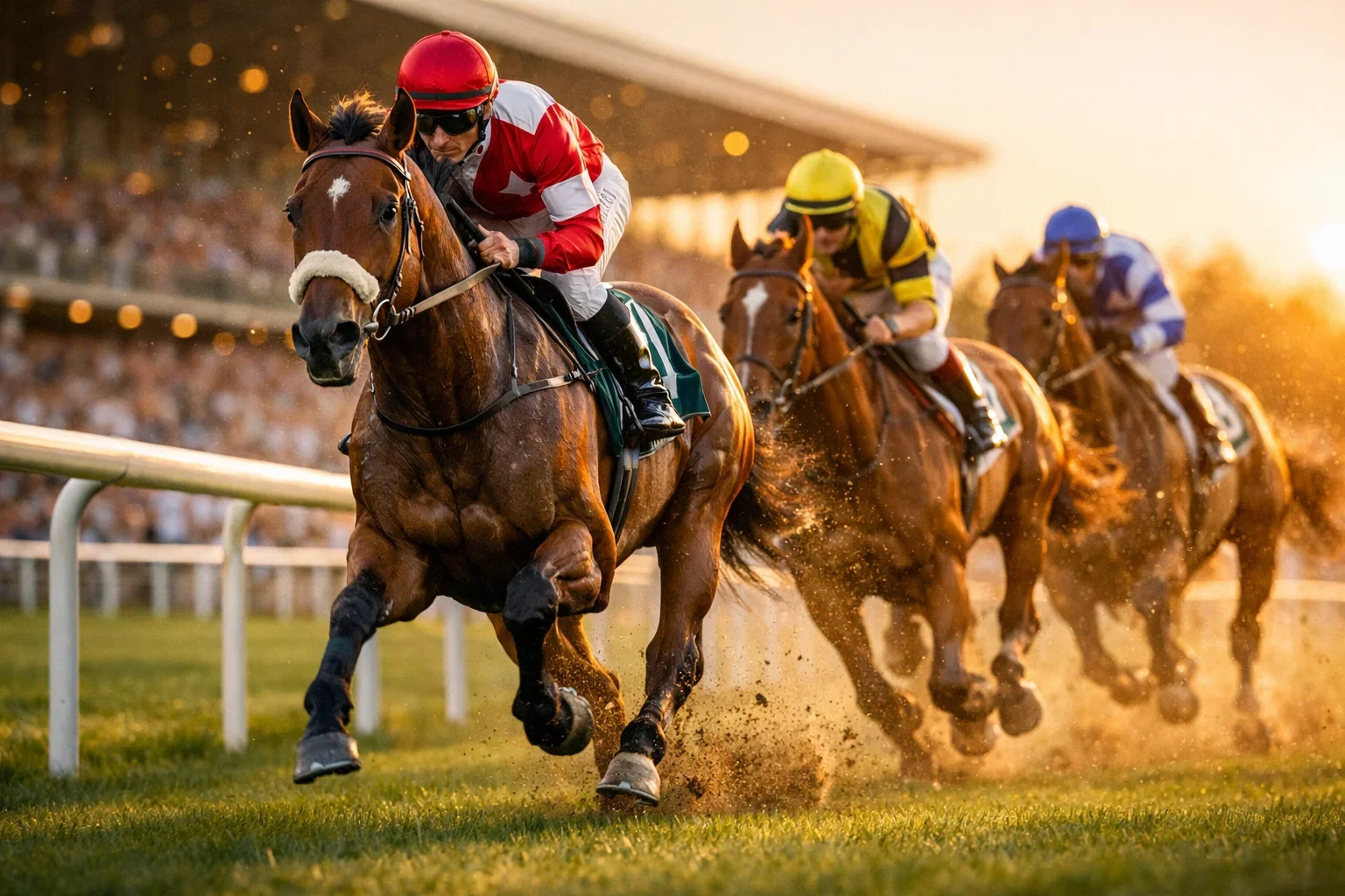 Volbloeden in volle galop op een groene renbaan bij zonsondergang