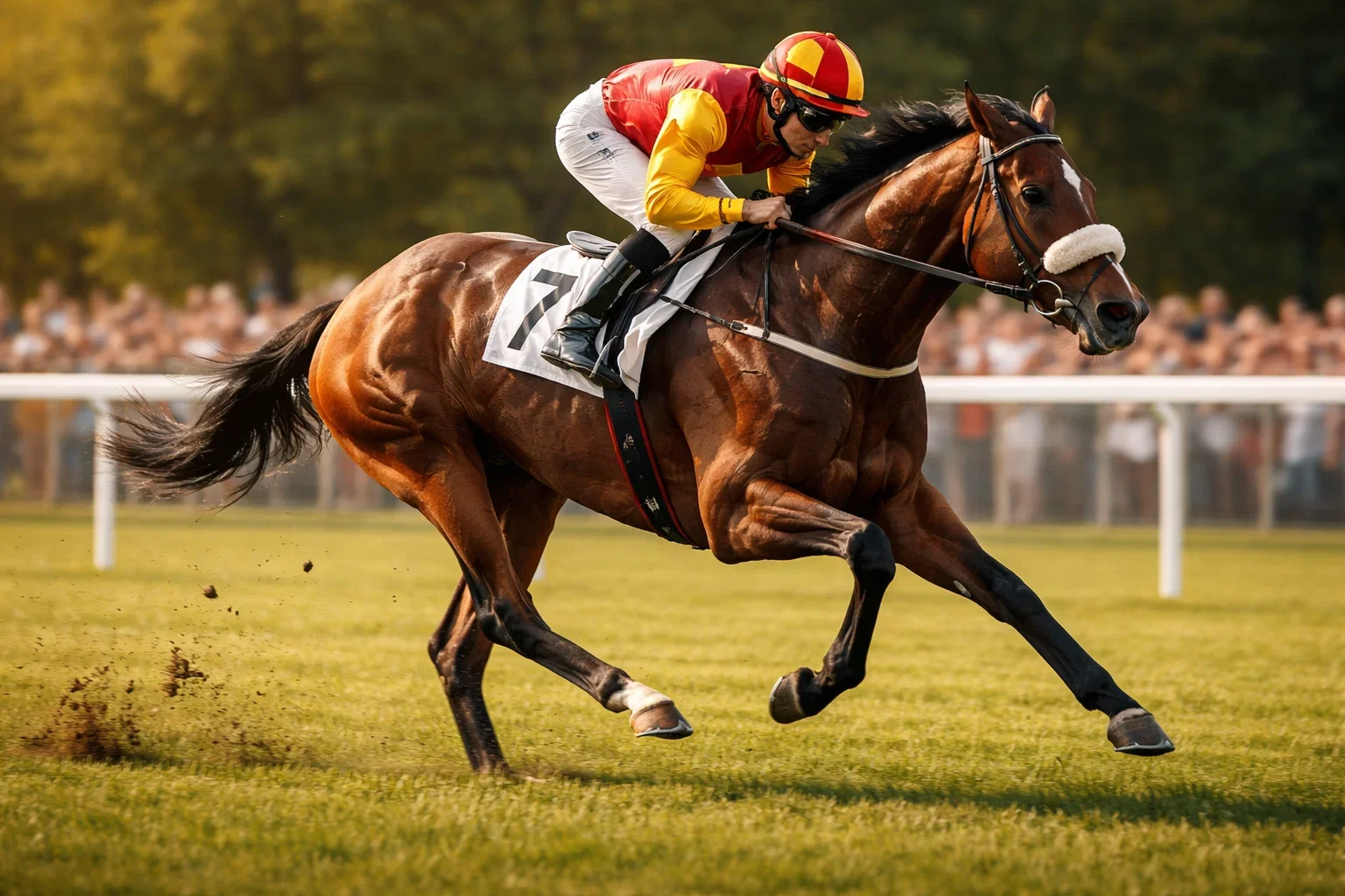 Renpaard in volle galop op een grasbaan tijdens een paardenrace