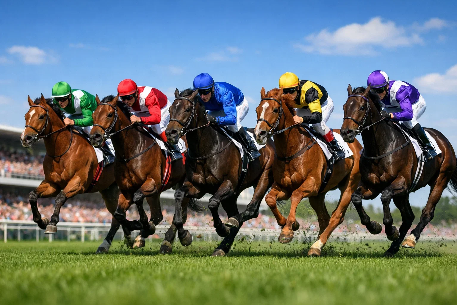 Meerdere renpaarden in volle galop op een vlakke grasbaan