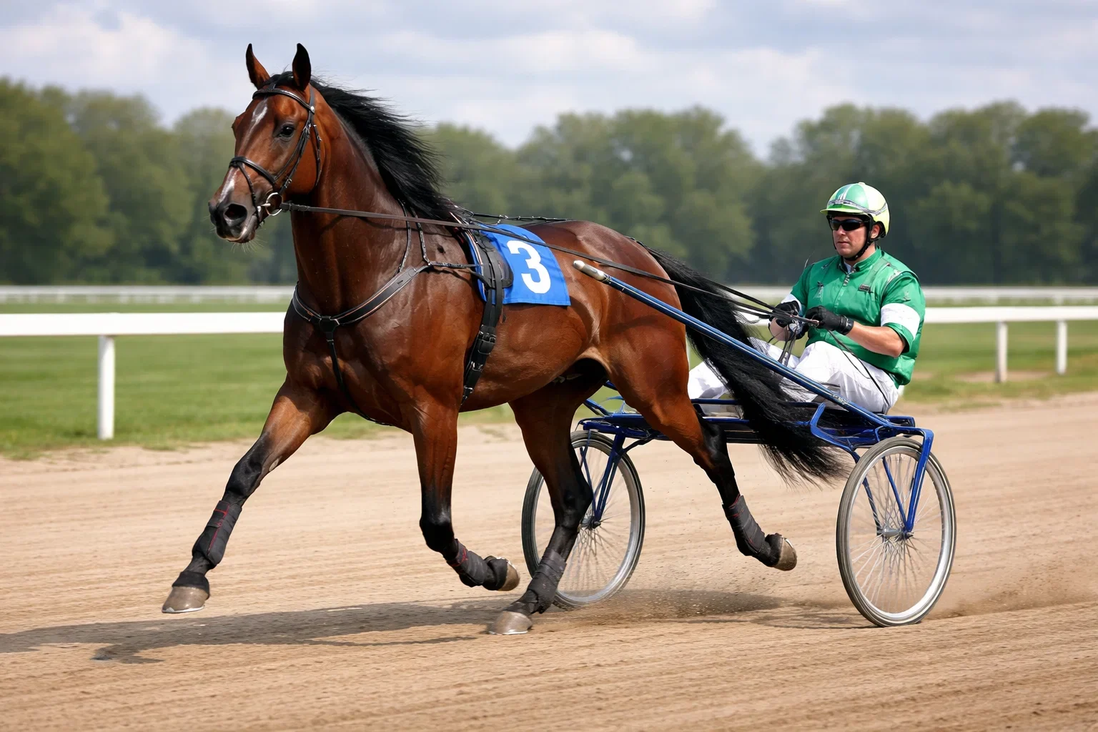 Draver met sulky en pikeur op een drafbaan