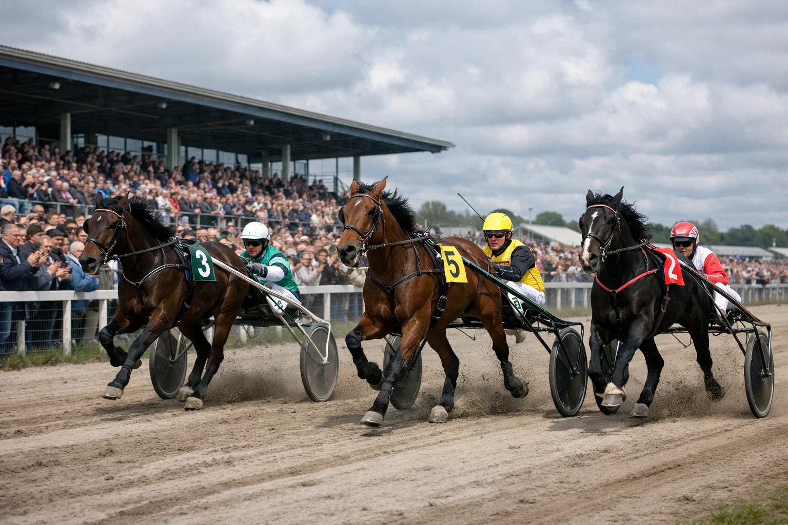 Wedstrijd op een Nederlandse drafbaan met publiek op de tribune
