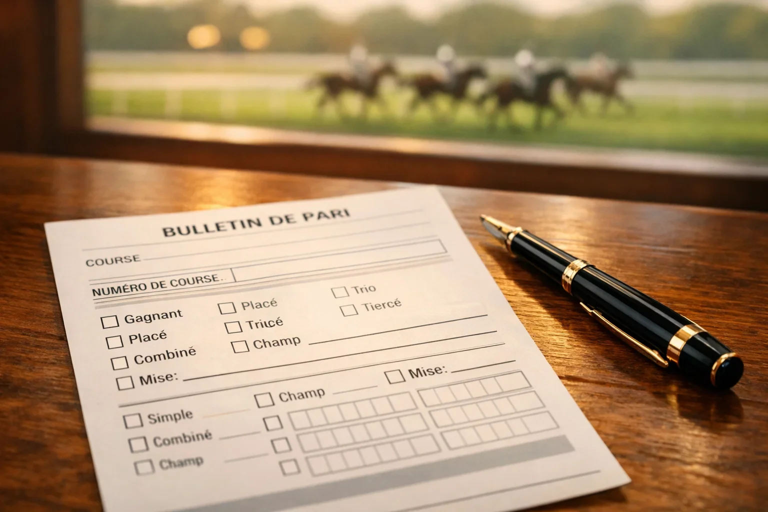 Wedformulier voor paardenwedden met pen en racebaan op achtergrond