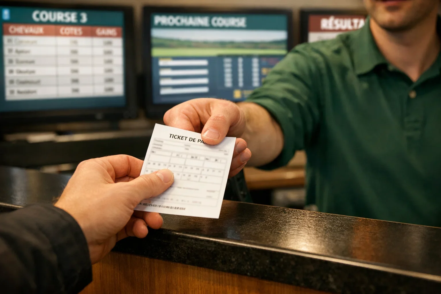 Hand plaatst een weddenschap op een paard bij de balie