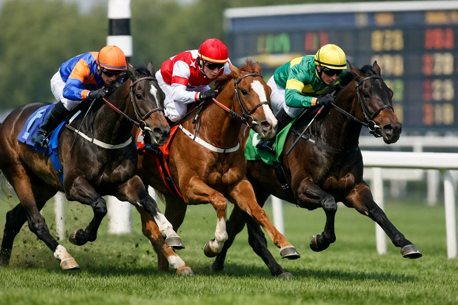 Drie renpaarden naderen de finish in een spannende race