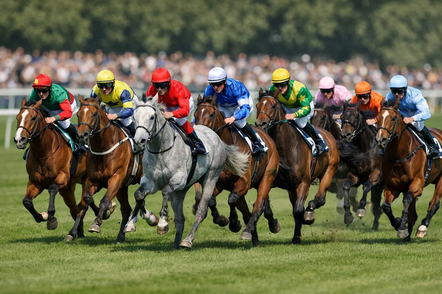 Groep paarden in actie tijdens een druk bezette race