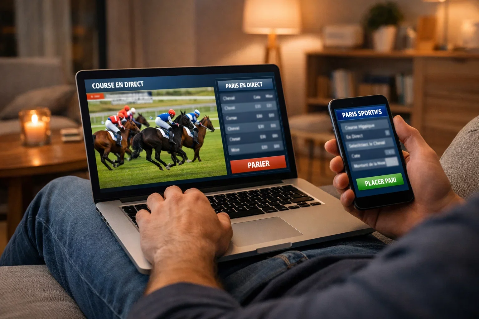 Persoon volgt live paardenrace op laptop terwijl hij wedt