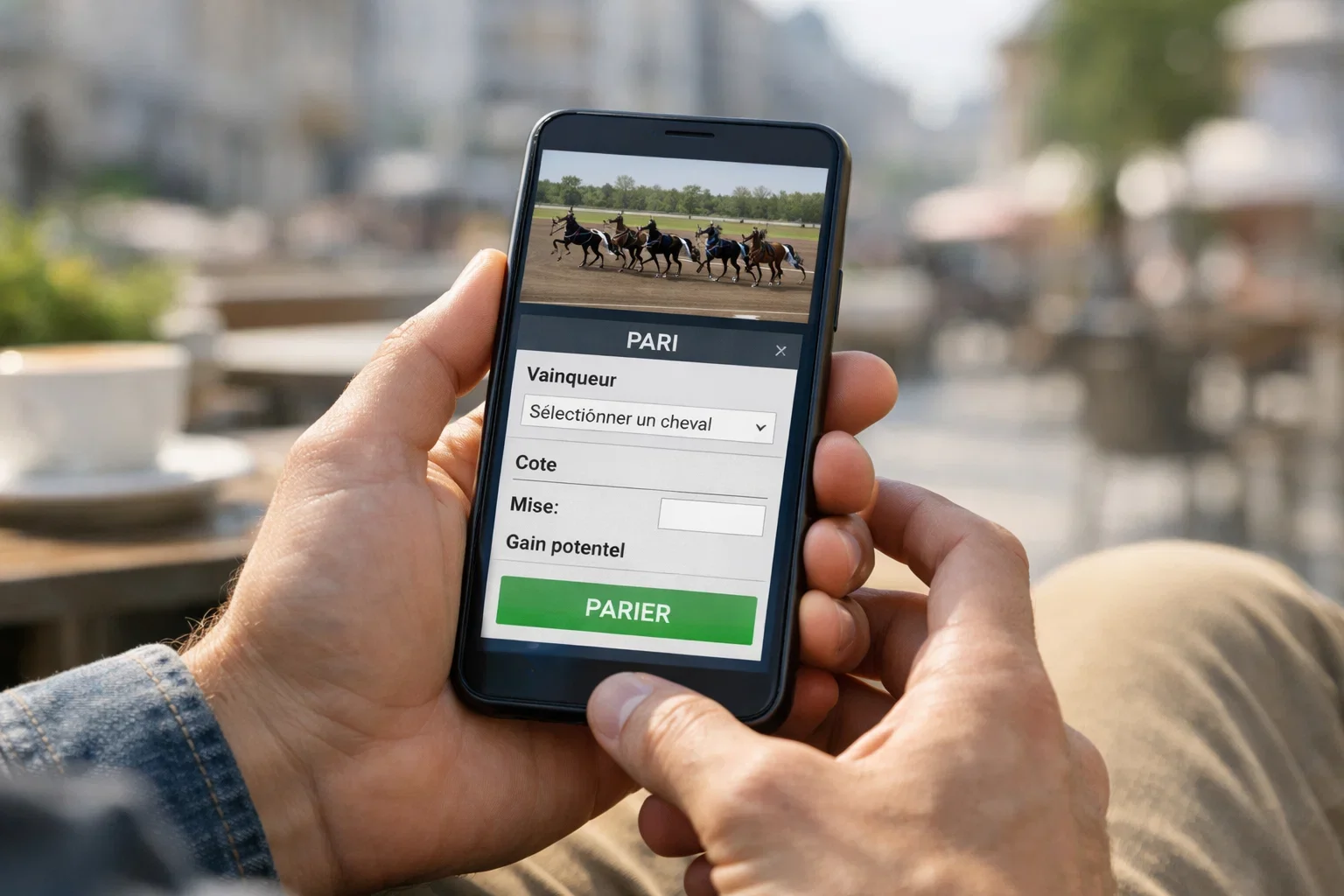 Persoon bekijkt paardenrace op smartphone met wedapp