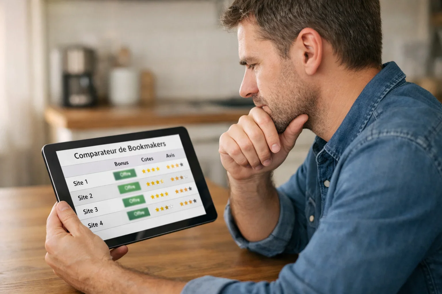 Persoon controleert odds op tablet voor paardenweddenschap