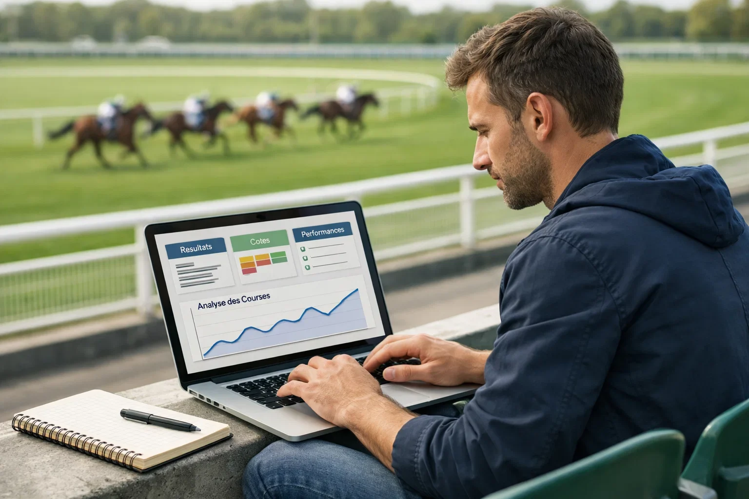 Persoon analyseert paardenwedden gegevens op laptop bij renbaan