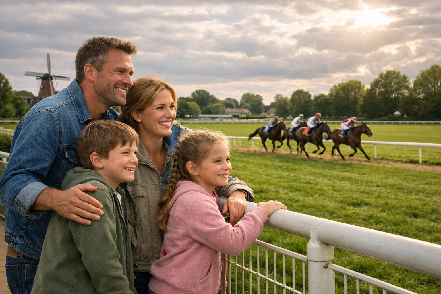 Gezin geniet van dag op de renbaan met paarden op achtergrond