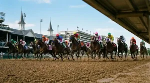 Racepaarden in volle galop op de dirttrack van Churchill Downs bij de Kentucky Derby