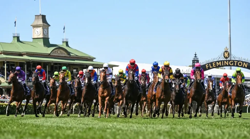 Groot veld racepaarden op de groene baan van Flemington tijdens de Melbourne Cup