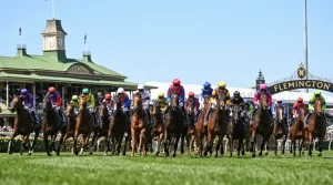 Groot veld racepaarden op de groene baan van Flemington tijdens de Melbourne Cup