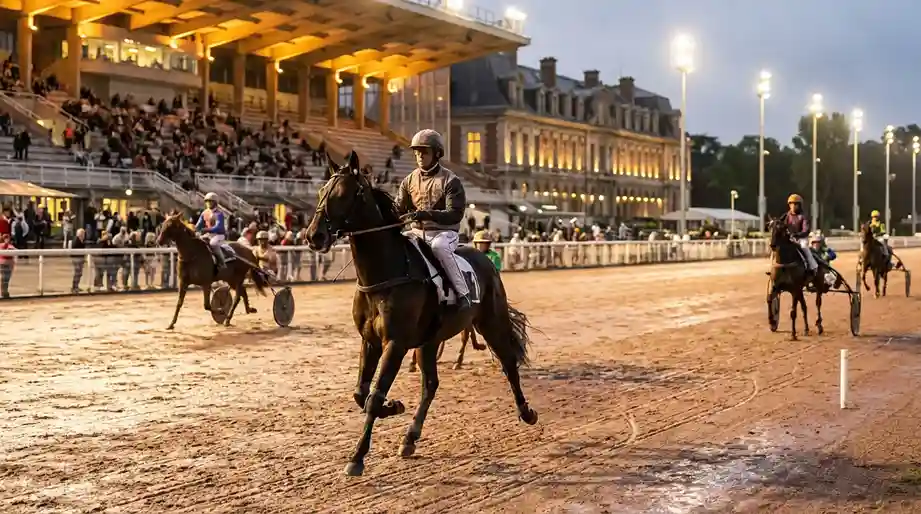 Ruiter op een draver tijdens een monté race op de baan van Vincennes