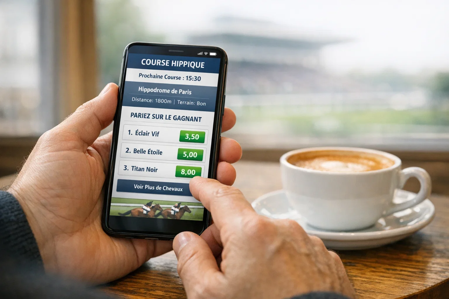 Persoon bekijkt paardenrace odds op smartphone met renbaan op achtergrond