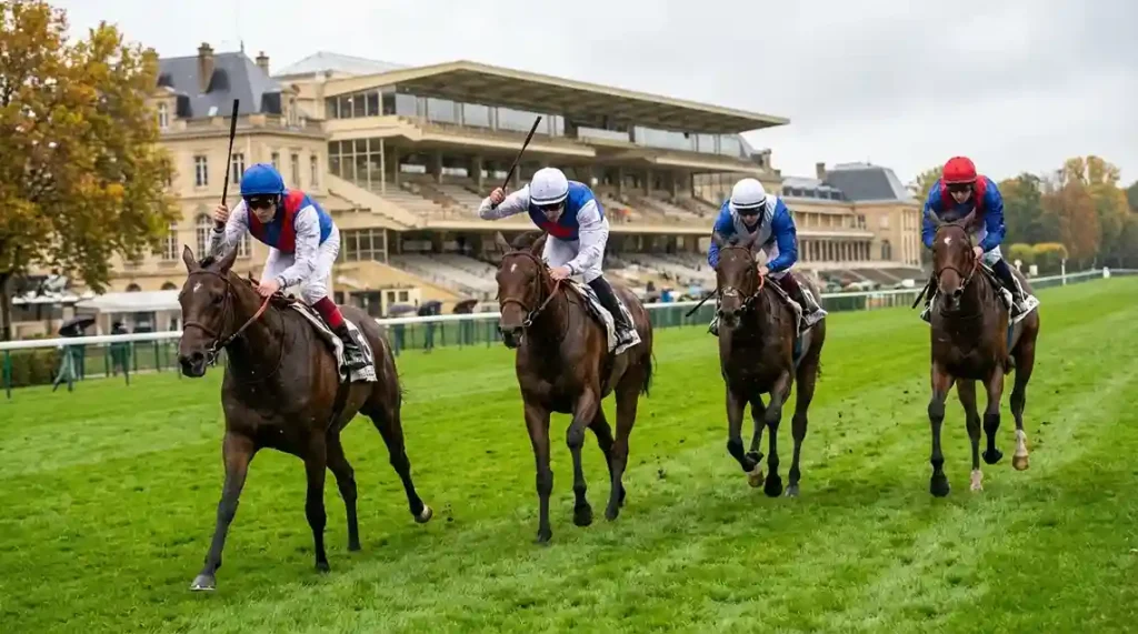 Racepaarden op de stijgende finish van ParisLongchamp tijdens de Prix de l'Arc de Triomphe