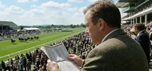 Hand die een gedetailleerde racekaart vasthoudt op de tribune van een renbaan