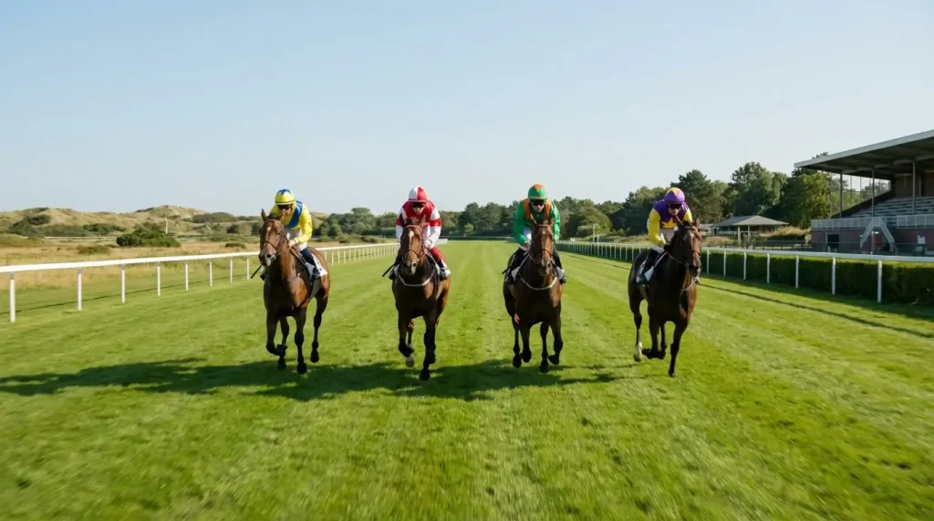 Racepaarden in galop op de groene grasbaan van Duindigt tussen de duinen van Wassenaar