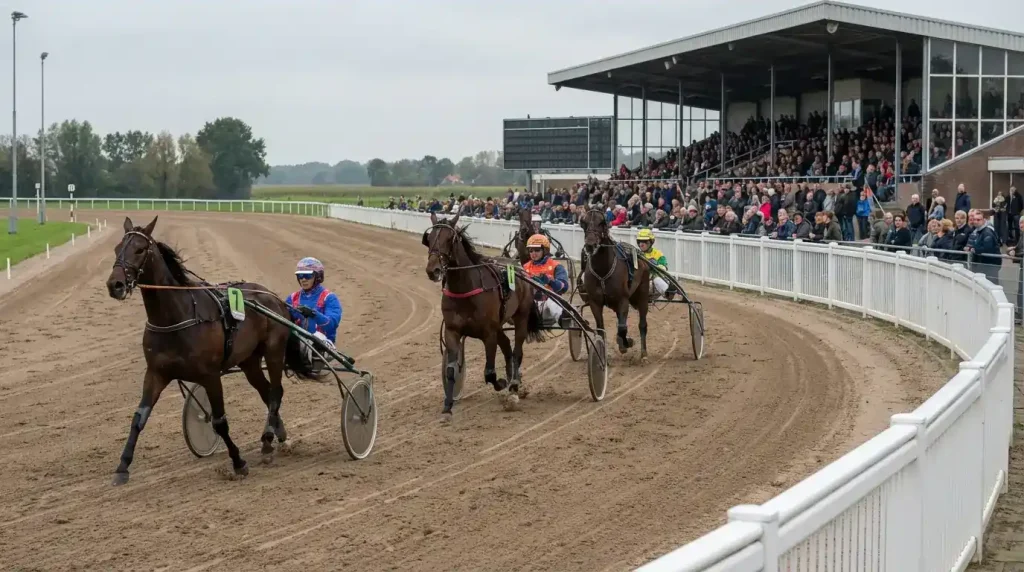 Dravers met sulky's in actie op de zandbaan van Victoria Park Wolvega