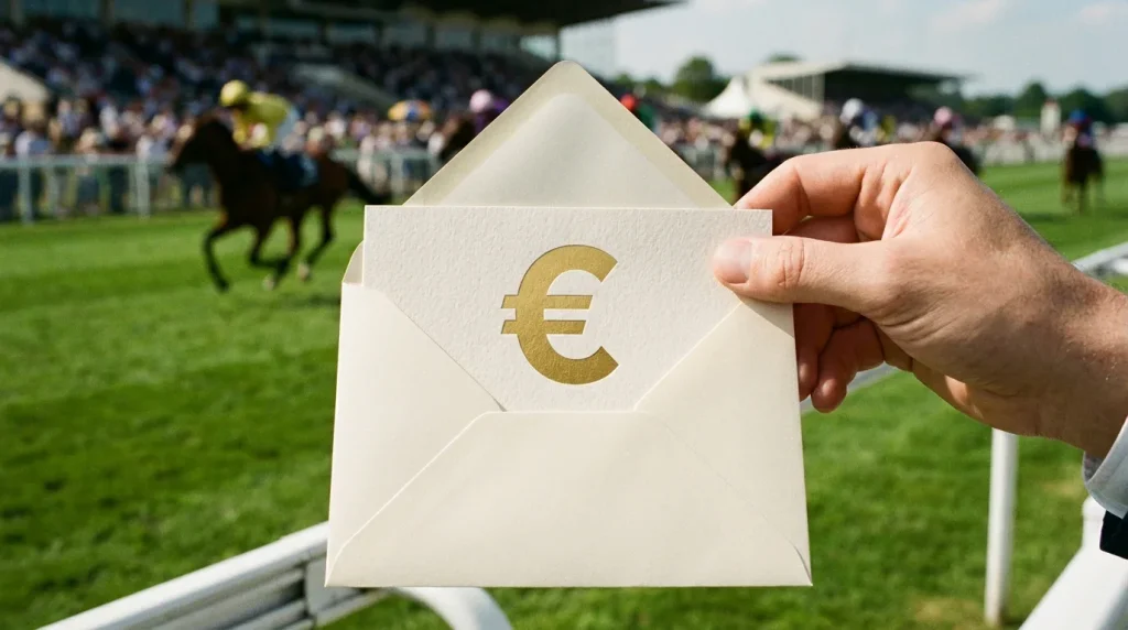 Hand die een welkomstkaart opent bij een renbaan met paarden op de achtergrond