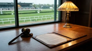 Houten hamer op een bureau naast een document met een renbaan door het raam